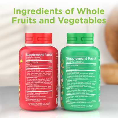 Balance of Nature Fruits & Veggies Supplements - Whole Fruit and Vegetable Ingredients for Women, Men, and Kids - 90 Fruits Capsules, 90 Veggies Capsules - 1 Set
